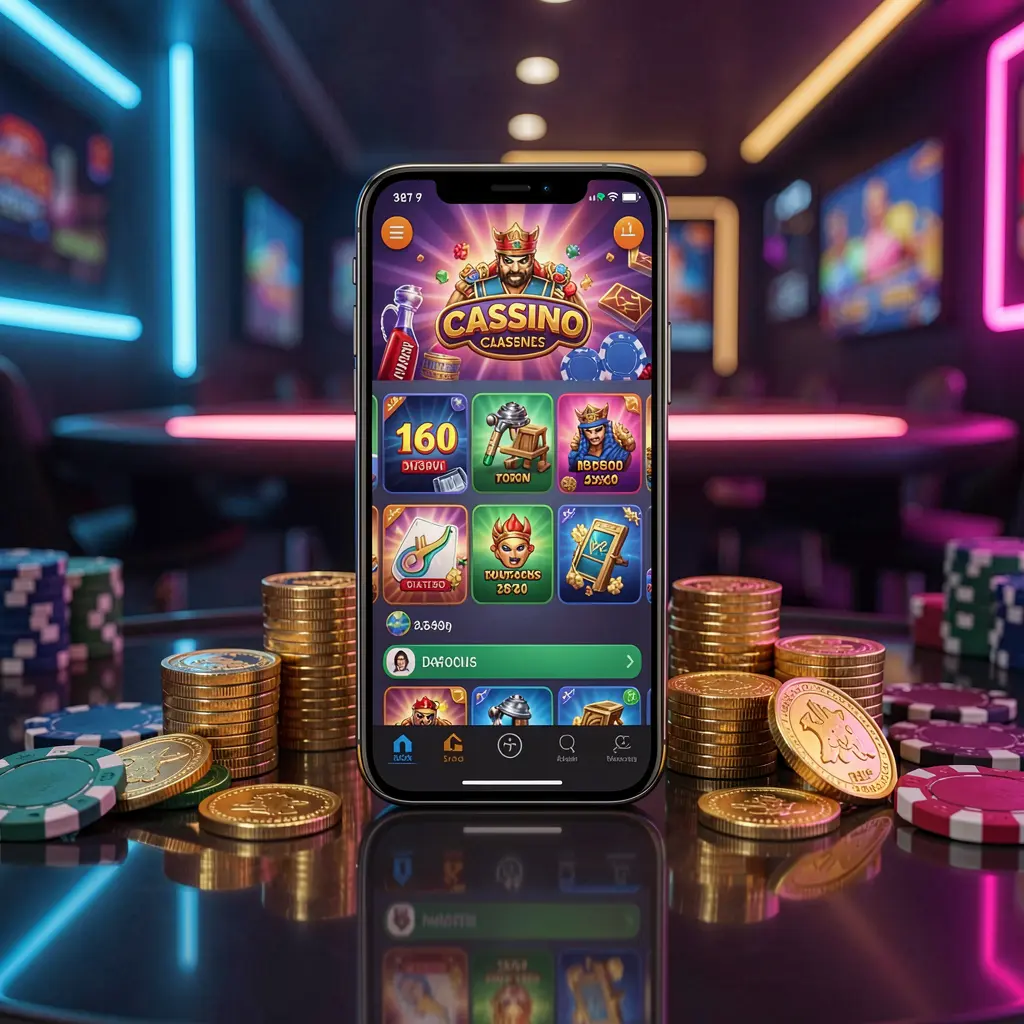 MY 9988 mobile casino dashboard on smartphone displaying colorful gaming interface with golden coins and poker chips on a glossy table under elegant neon lighting