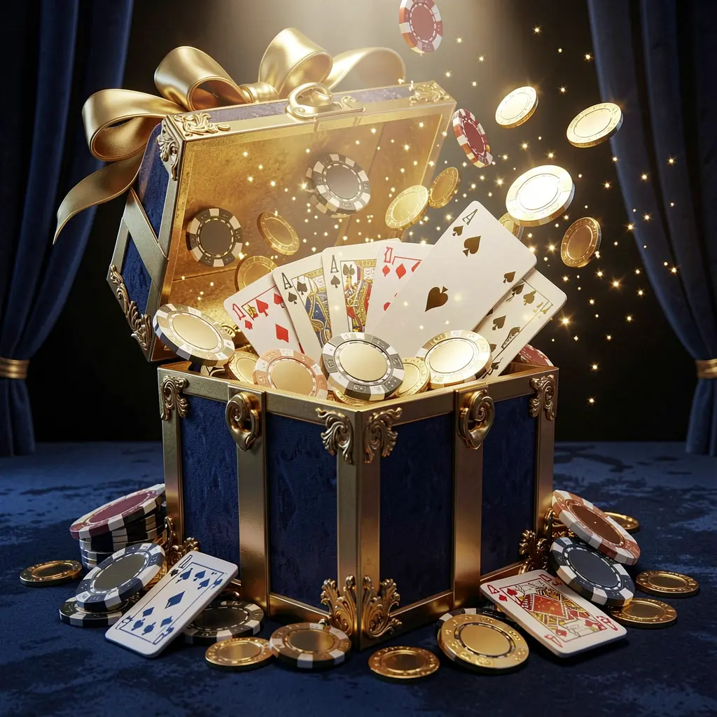 A luxurious welcome bonus scene for MY 9988 online casino featuring an open golden gift box with casino chips, playing cards, and sparkling coins bursting out against a premium dark blue and black background with a bright golden glow in an elegant festive mood