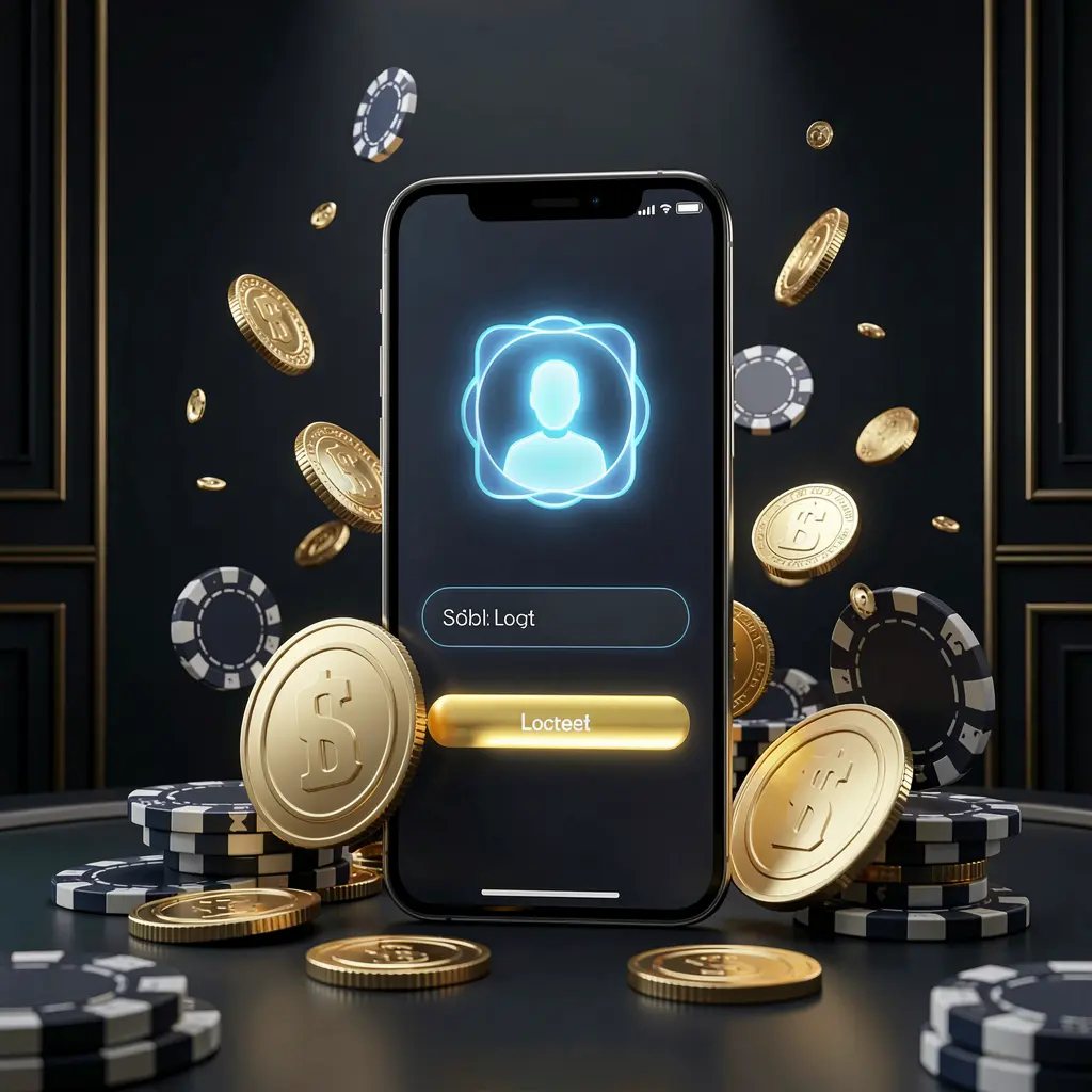 MY 9988 online casino login page hero banner featuring a modern smartphone with a secure login screen, glowing user profile icon, golden coins and poker chips surrounding it on a dark luxury background
