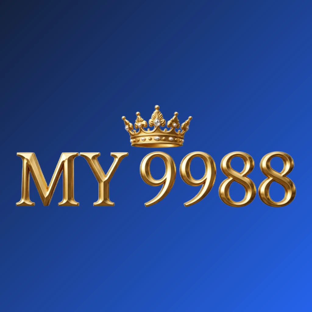 Luxury gold metallic MY 9988 logo with a crown above the letters, featuring a royal design and wide horizontal rectangular wordmark on a transparent background, perfect for a premium Malaysian brand website header
