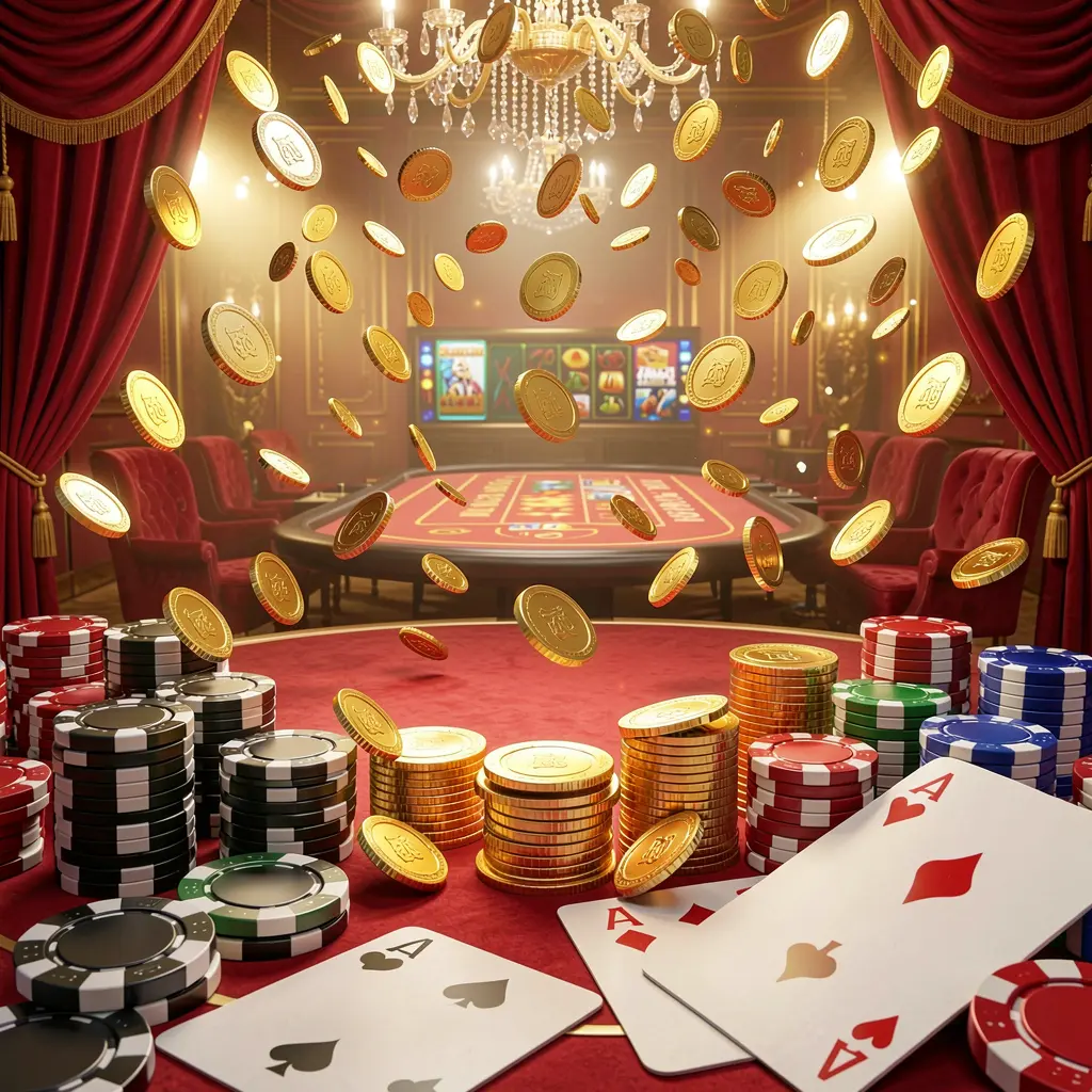 MY 9988 online gaming platform homepage banner featuring bright casino lights, golden coins raining, poker chips and playing cards in the foreground with a luxury red and gold atmosphere in a high detail 3D render
